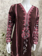 HUSN-E-EID Elegance Brown Embroidered Pakistani Suit with Printed Dupatta