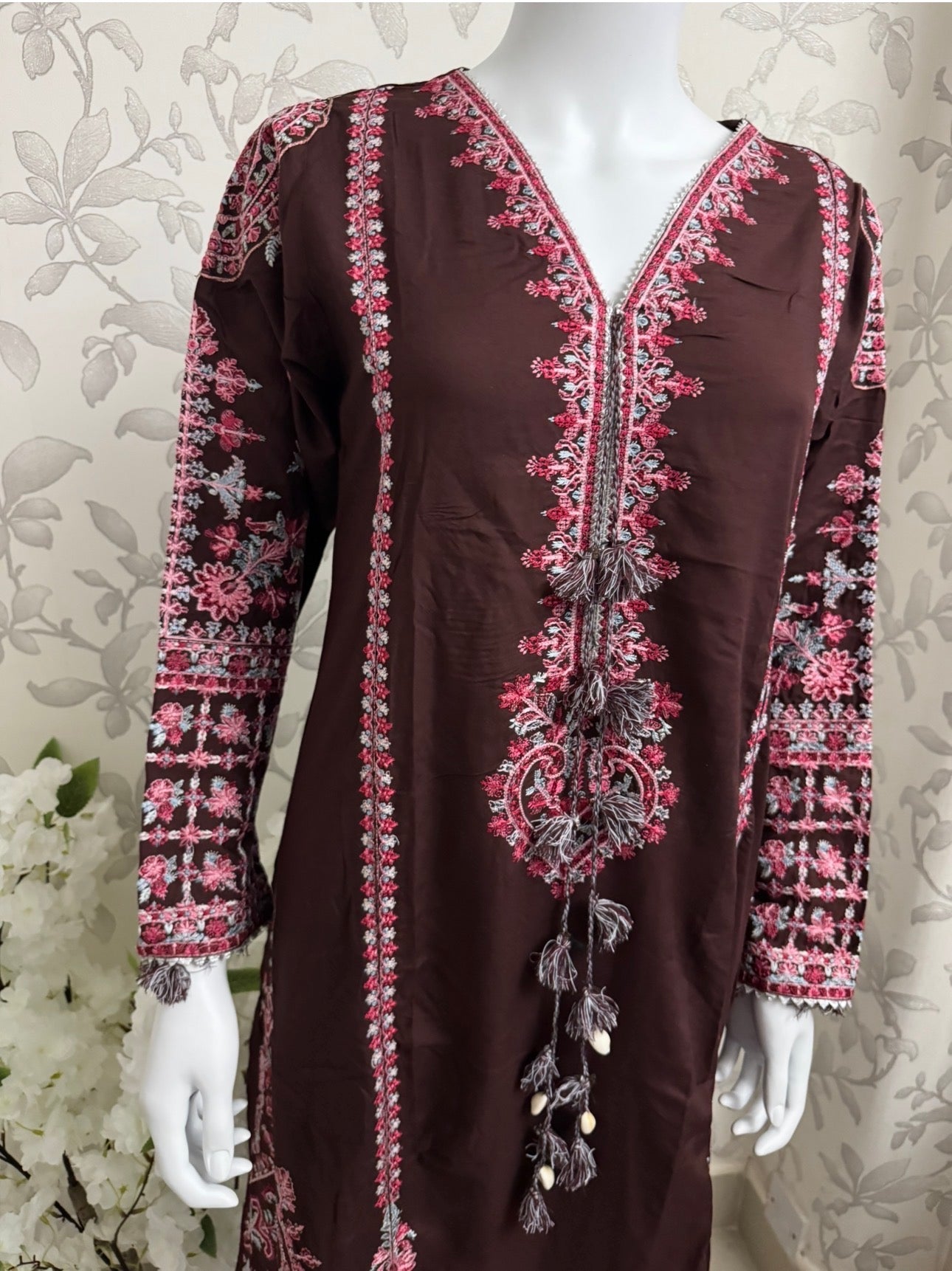 HUSN-E-EID Elegance Brown Embroidered Pakistani Suit with Printed Dupatta
