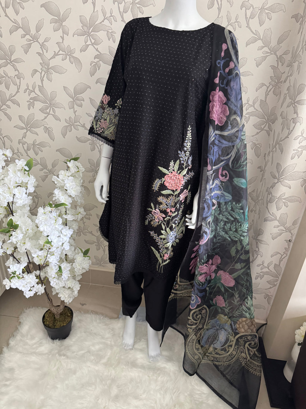 M Prints inspired Embroidered 3-Piece Suit | Pakistani Designer Dress