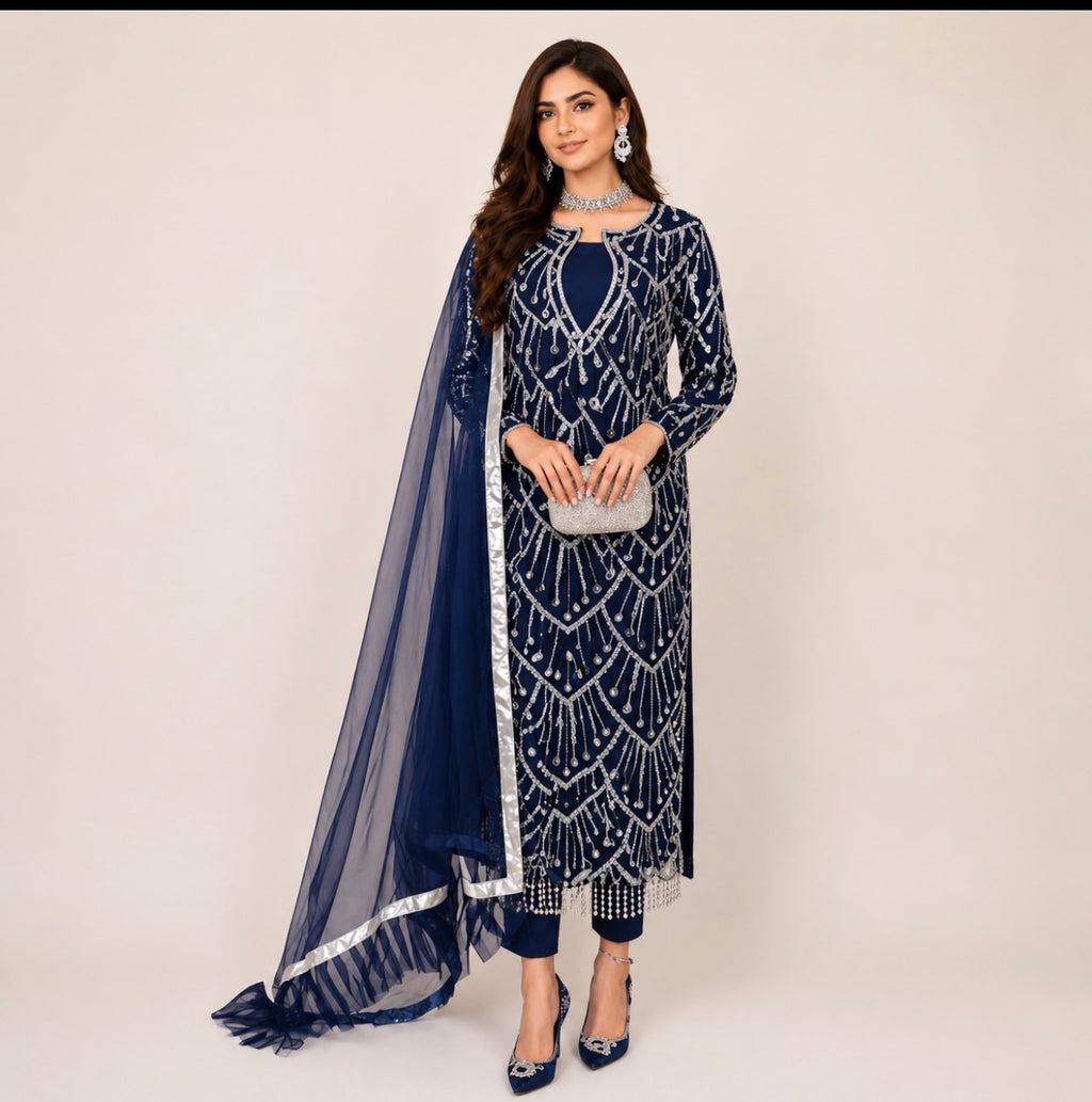 CUT DANA Luxury Silver Embellished Suit with Net Duppatta-3 Piece suit