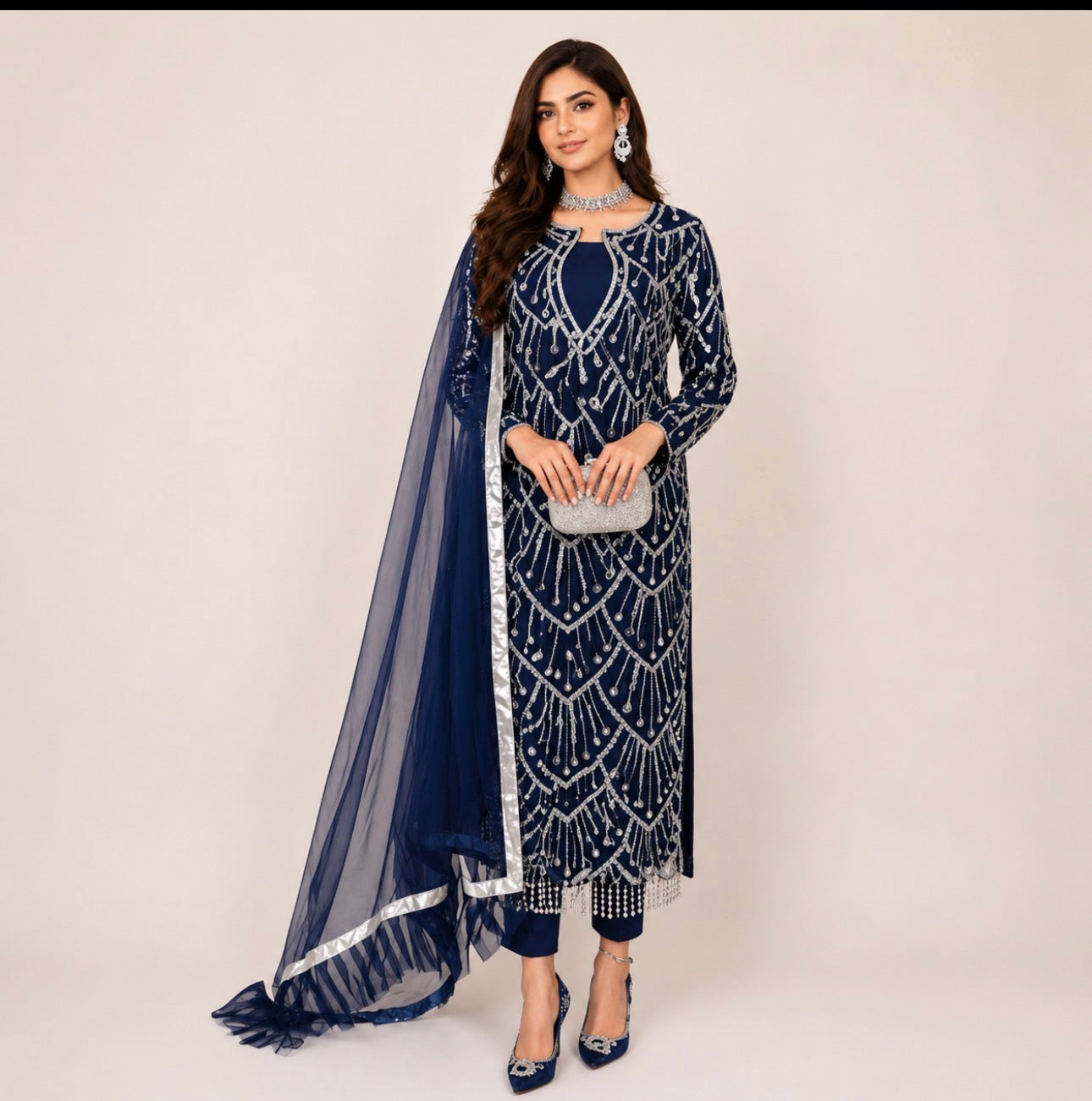 CUT DANA Luxury Silver Embellished Suit with Net Duppatta-3 Piece suit