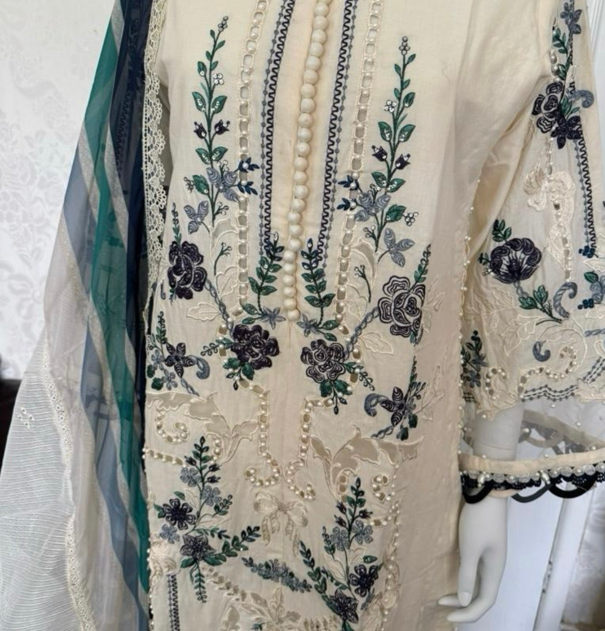 Azure Bloom Luxury Embroidered Suit – 3 Piece Collection