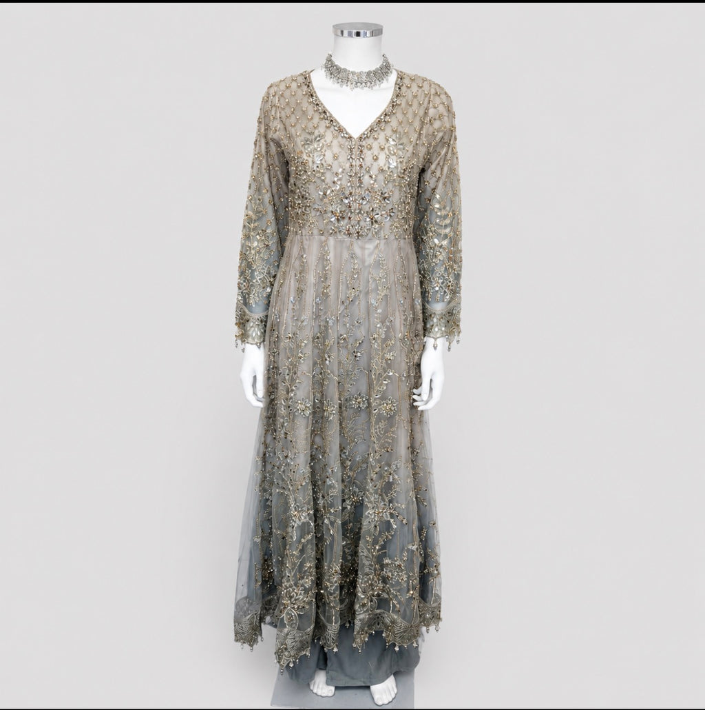 MASHAL…. Embroidered Net Maxi Dress with embroidered organza Dupatta