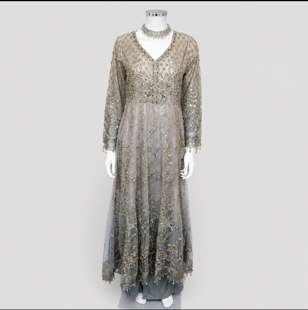 MASHAL…. Embroidered Net Maxi Dress with embroidered organza Dupatta