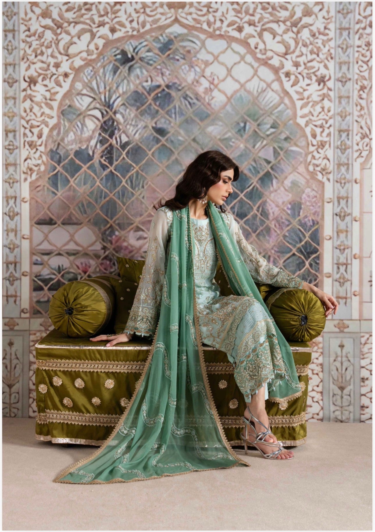 ALANI Pastel Mint Green Embroidered Pakistani Suit – Luxury 3 Piece Designer Set