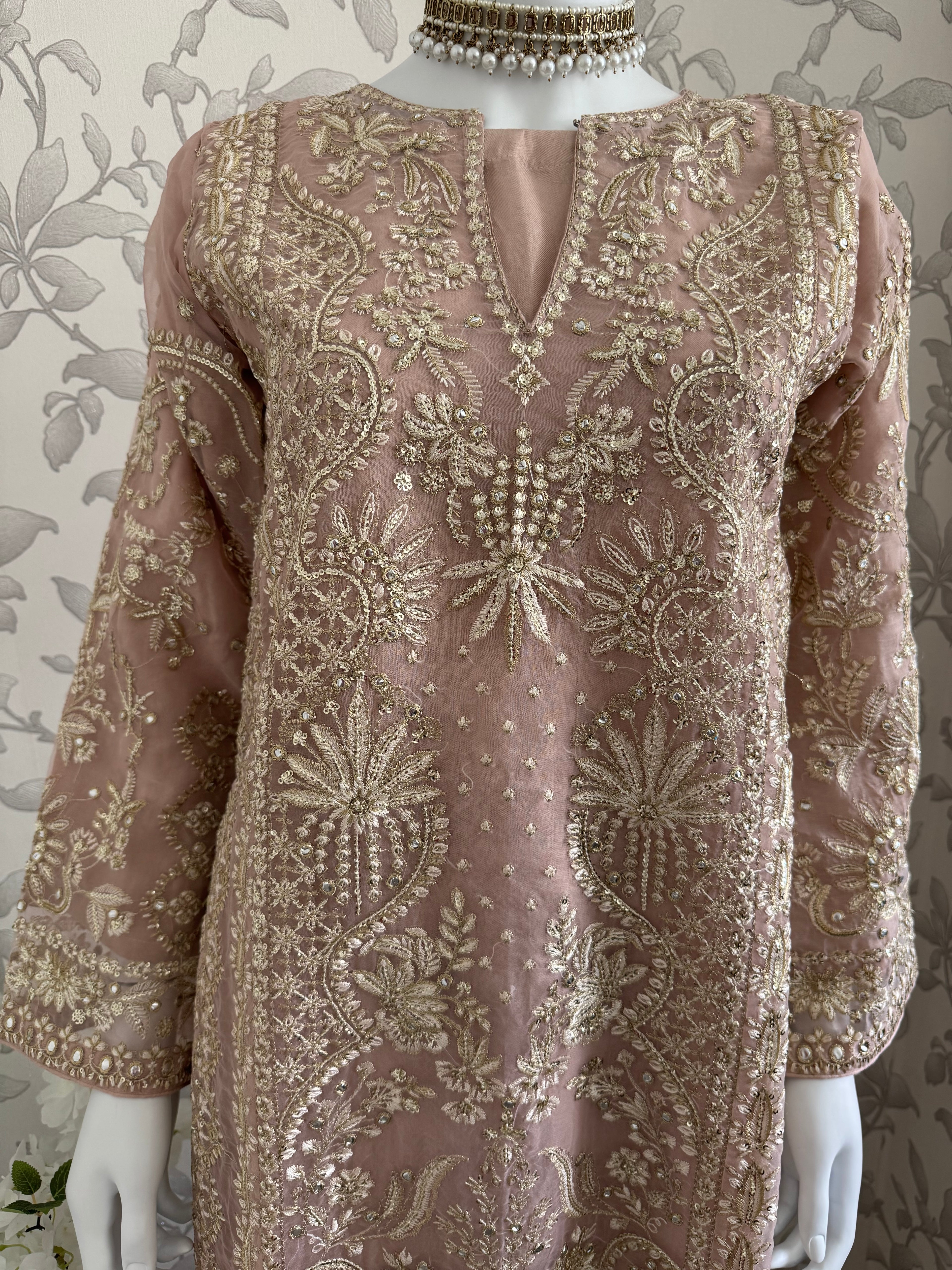 AFROZ Blush Pink Embroidered Organza Suit | Pakistani Wedding & Formal Dress
