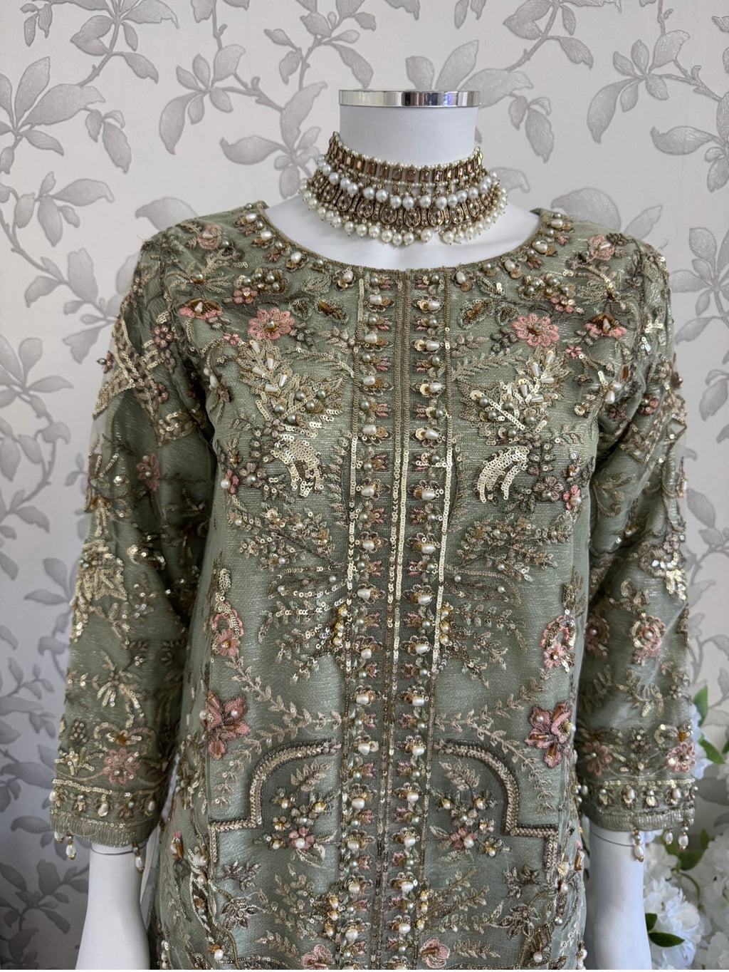 PEARLS Mint Green Luxe Hand-Embellished Pakistani 3 piece Suit