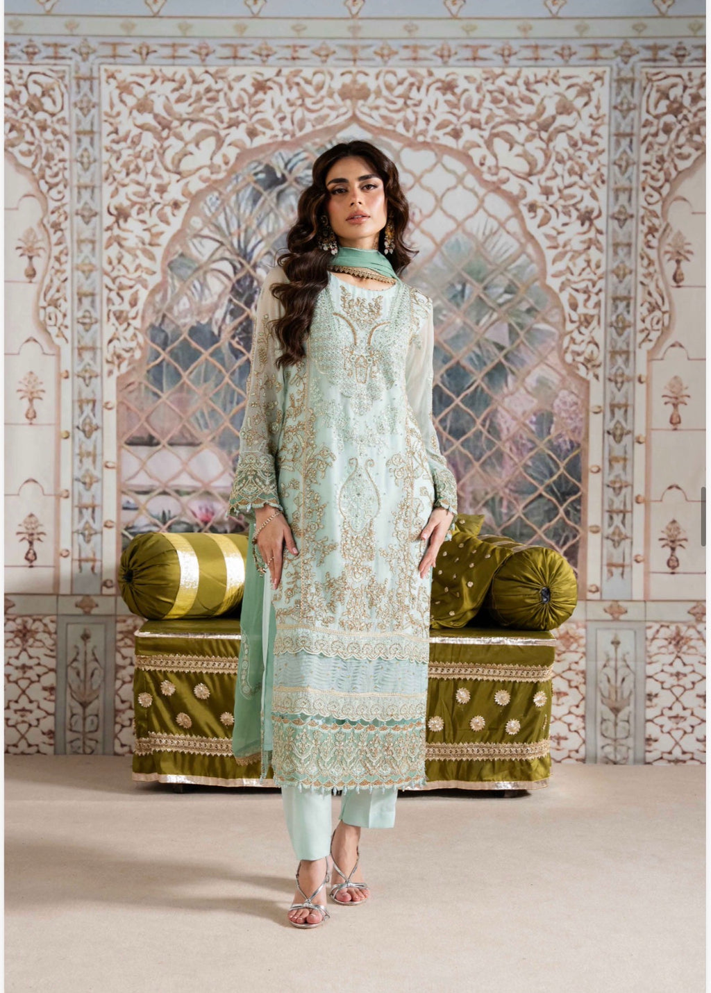 ALANI Pastel Mint Green Embroidered Pakistani Suit – Luxury 3 Piece Designer Set