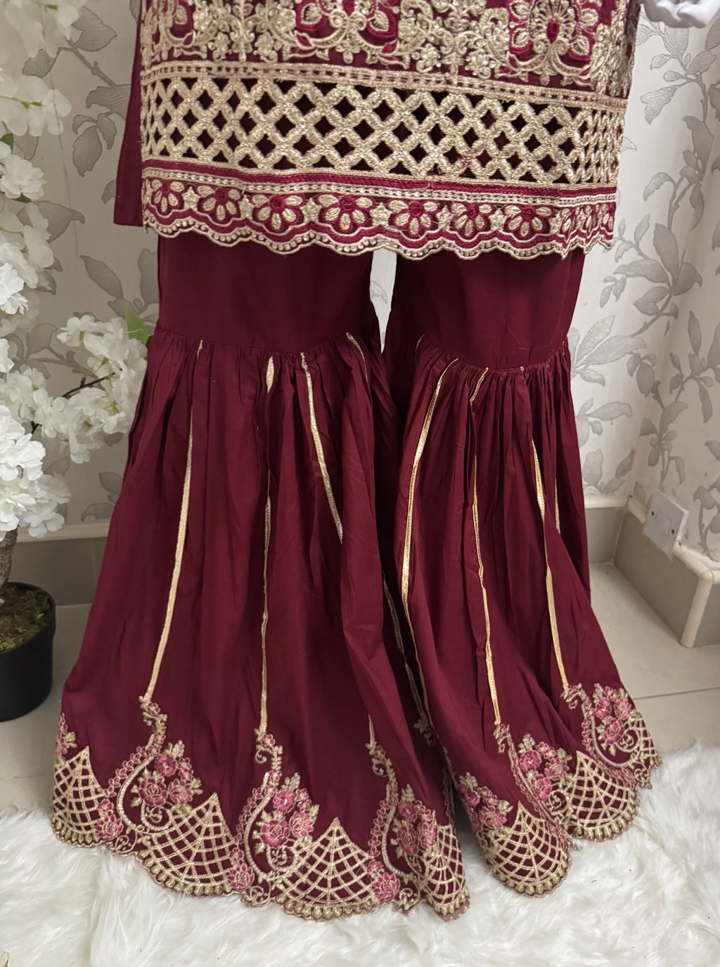 Maroon Embroidered Gharara Suit with organza Dupatta – Luxury Pakistani 3 Piece Set