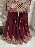 Maroon Embroidered Gharara Suit with organza Dupatta – Luxury Pakistani 3 Piece Set
