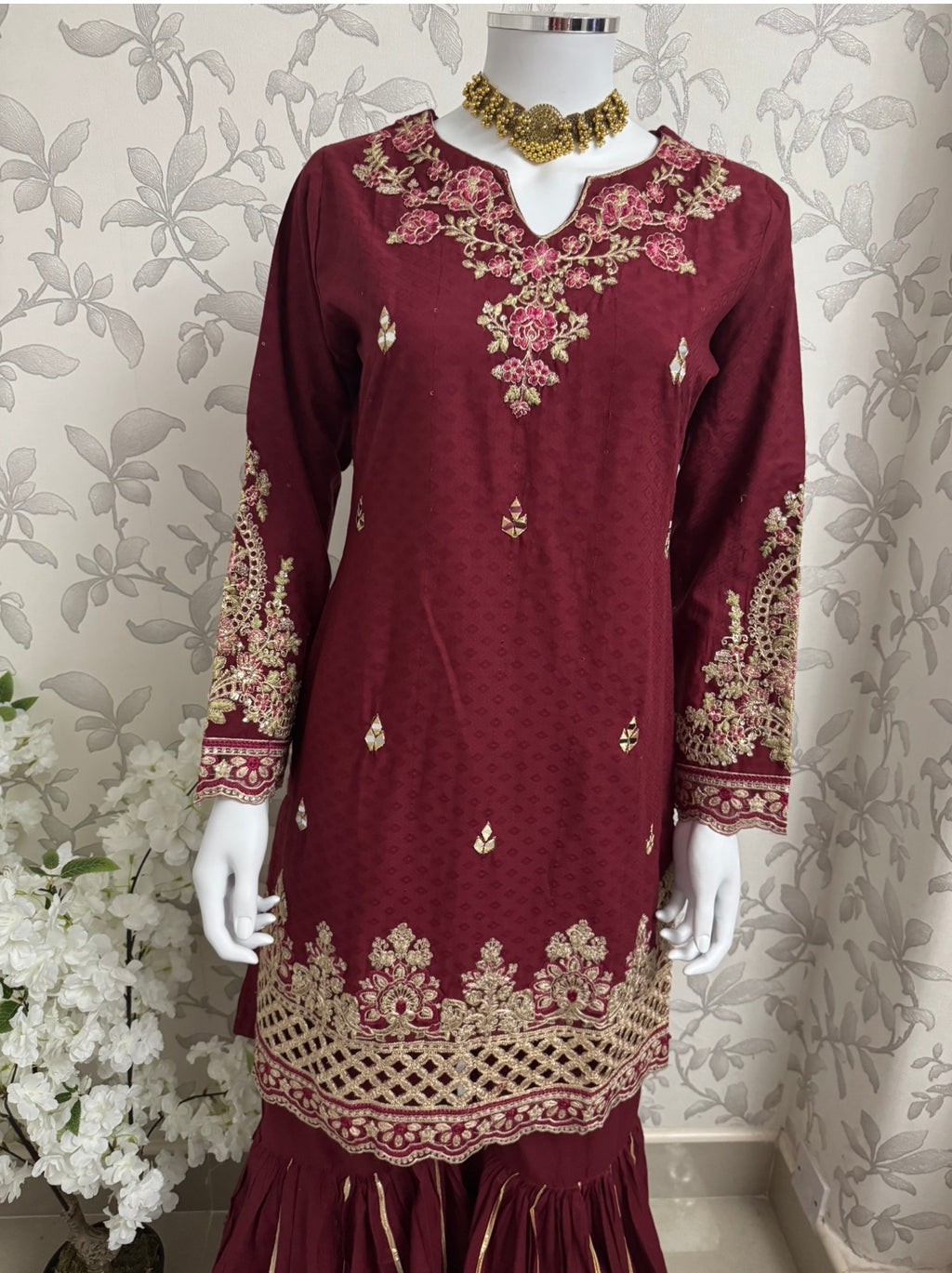 Maroon Embroidered Gharara Suit with organza Dupatta – Luxury Pakistani 3 Piece Set