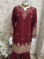 Maroon Embroidered Gharara Suit with organza Dupatta – Luxury Pakistani 3 Piece Set