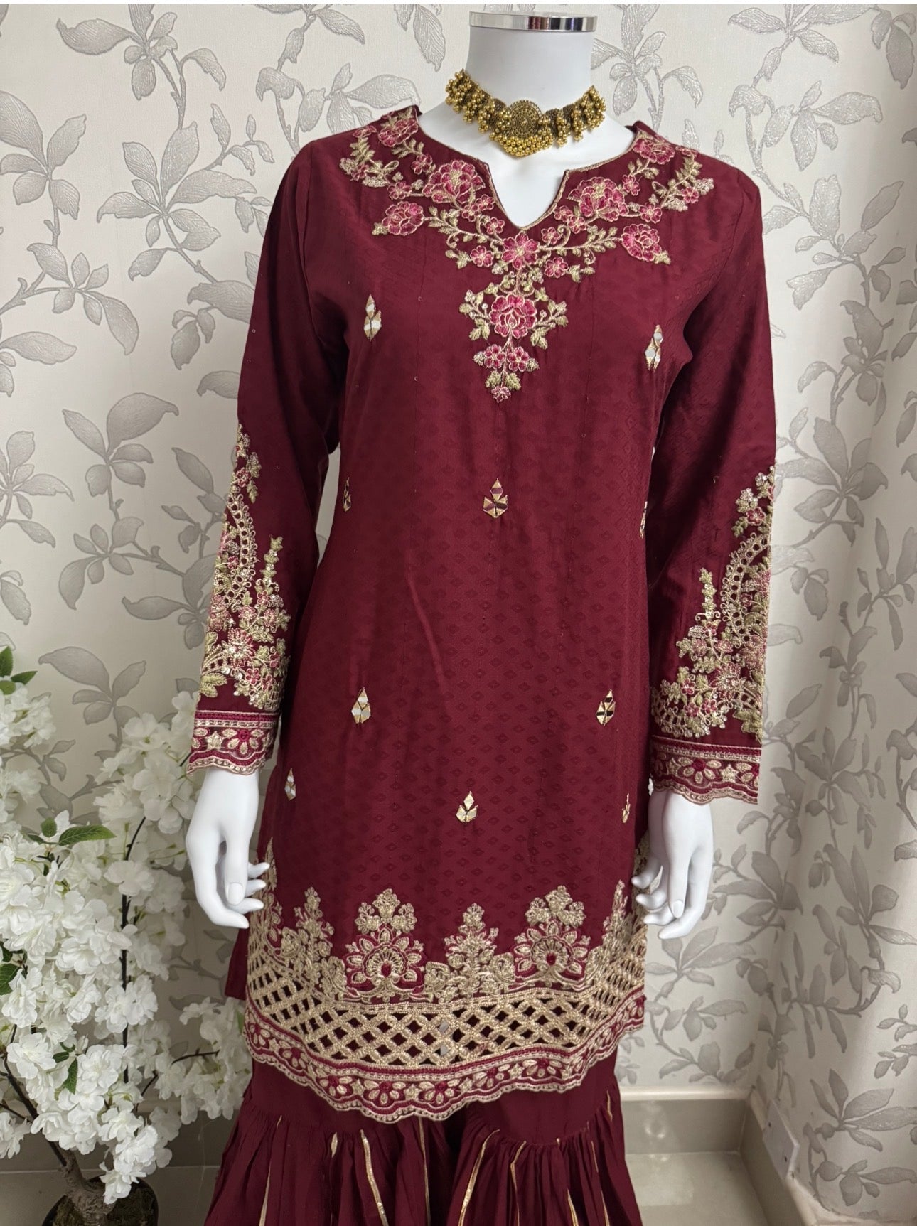 Maroon Embroidered Gharara Suit with organza Dupatta – Luxury Pakistani 3 Piece Set