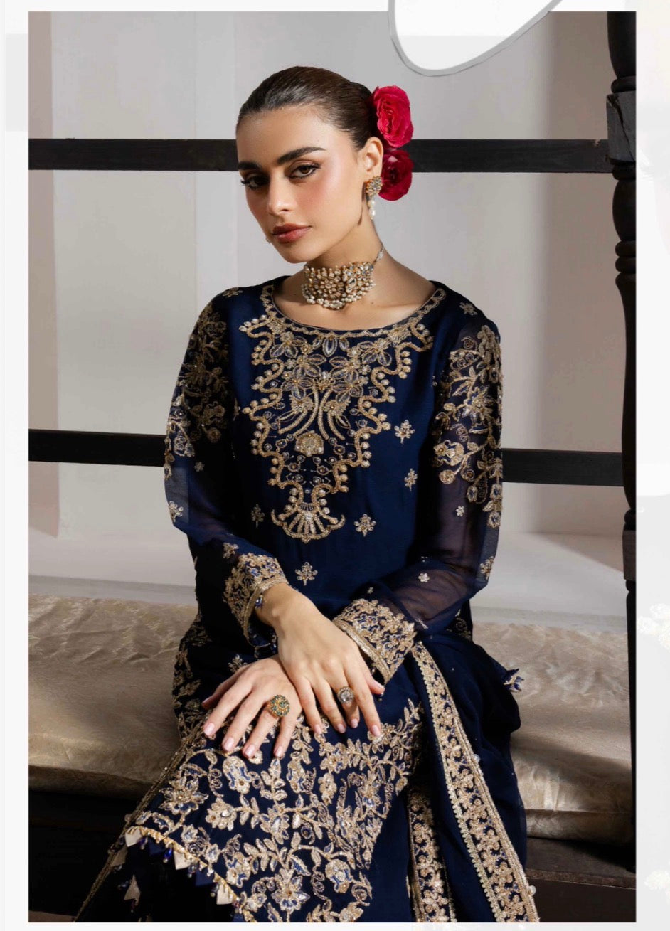 ALANI Navy Blue Luxury Embroidered Gharara Suit | Pakistani Wedding & Party Wear