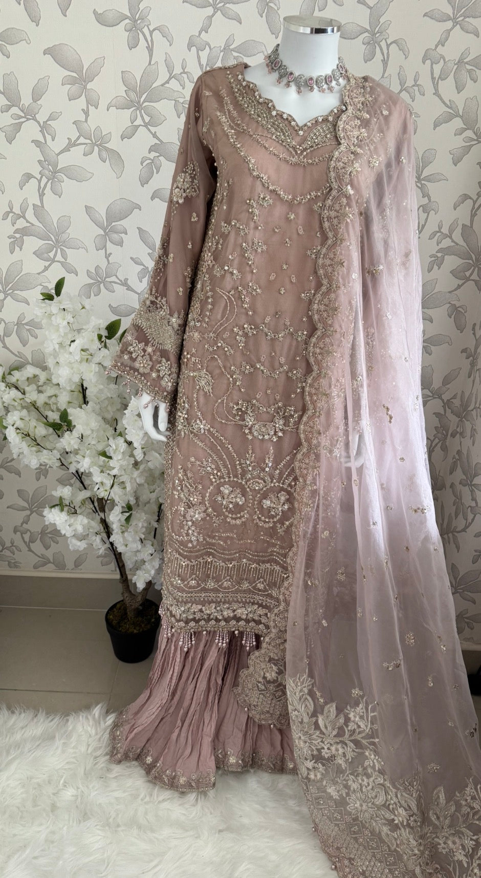 SERENE Blush Pink Embroidered Sharara Suit | Pakistani Designer Wedding Dress