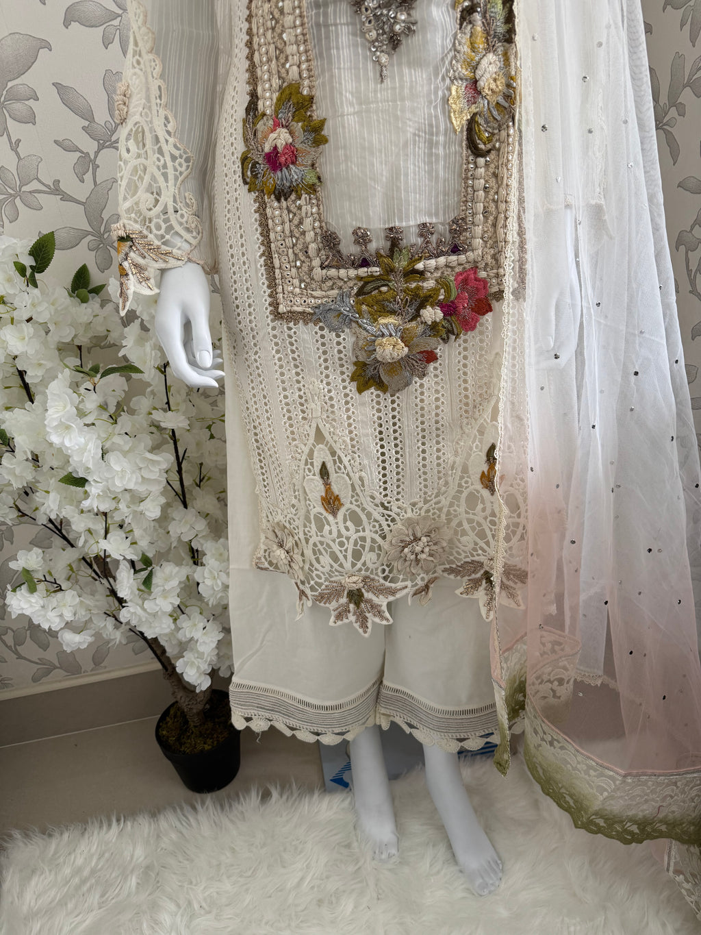 UJAALA….. Elegant White Embroidered Pakistani Suit with net Dupatta