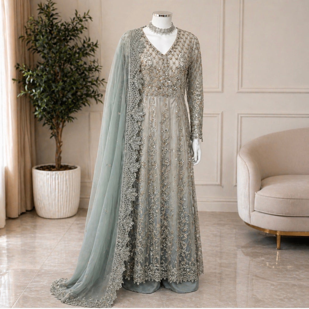 MASHAL…. Embroidered Net Maxi Dress with embroidered organza Dupatta