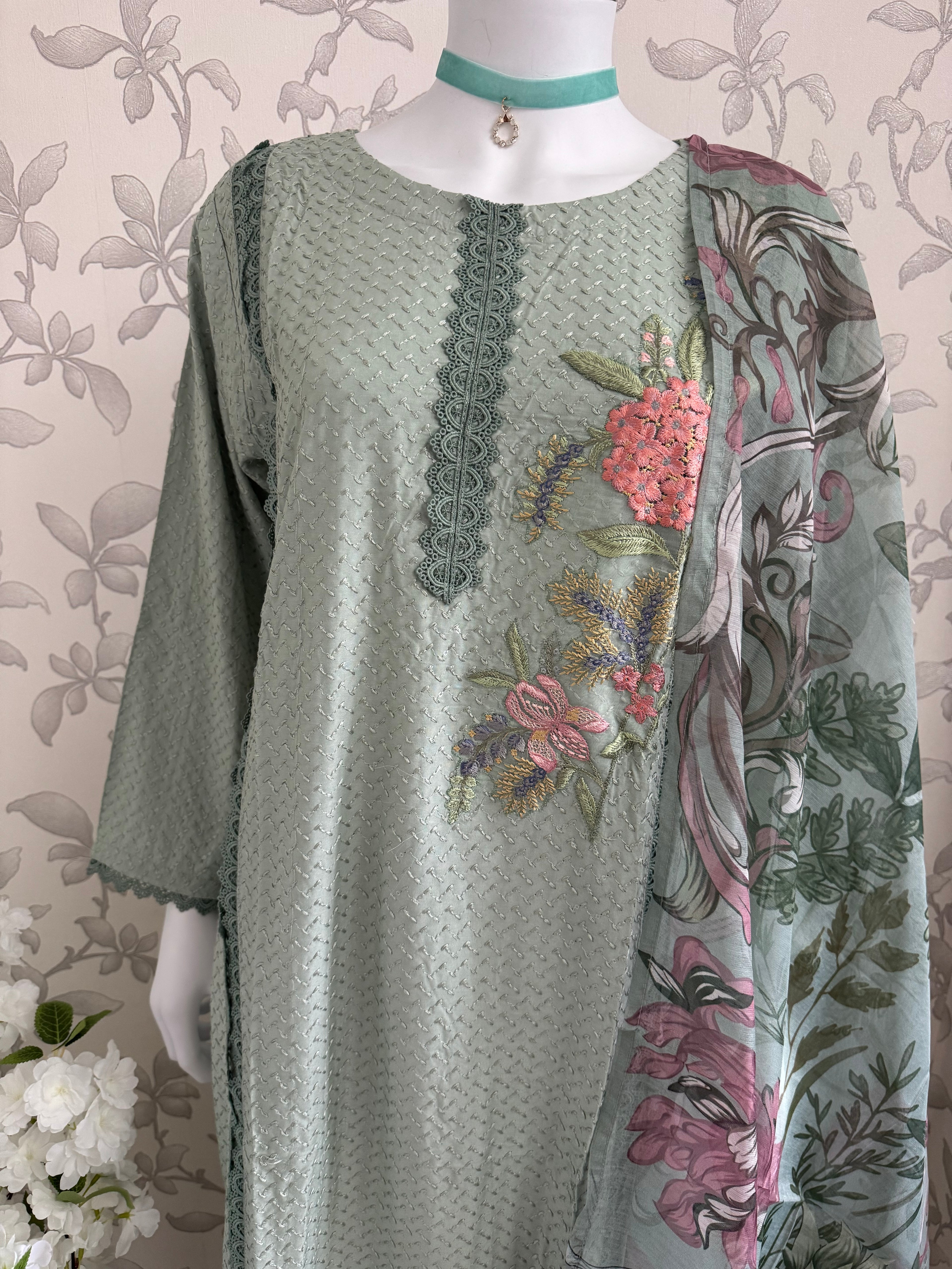 M Prints inspired Embroidered 3-Piece Suit | Pakistani Designer Dress