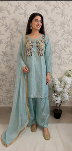 SILKY CHARM Luxury Embroidered Silk Suit with Pearl & Sequin Work