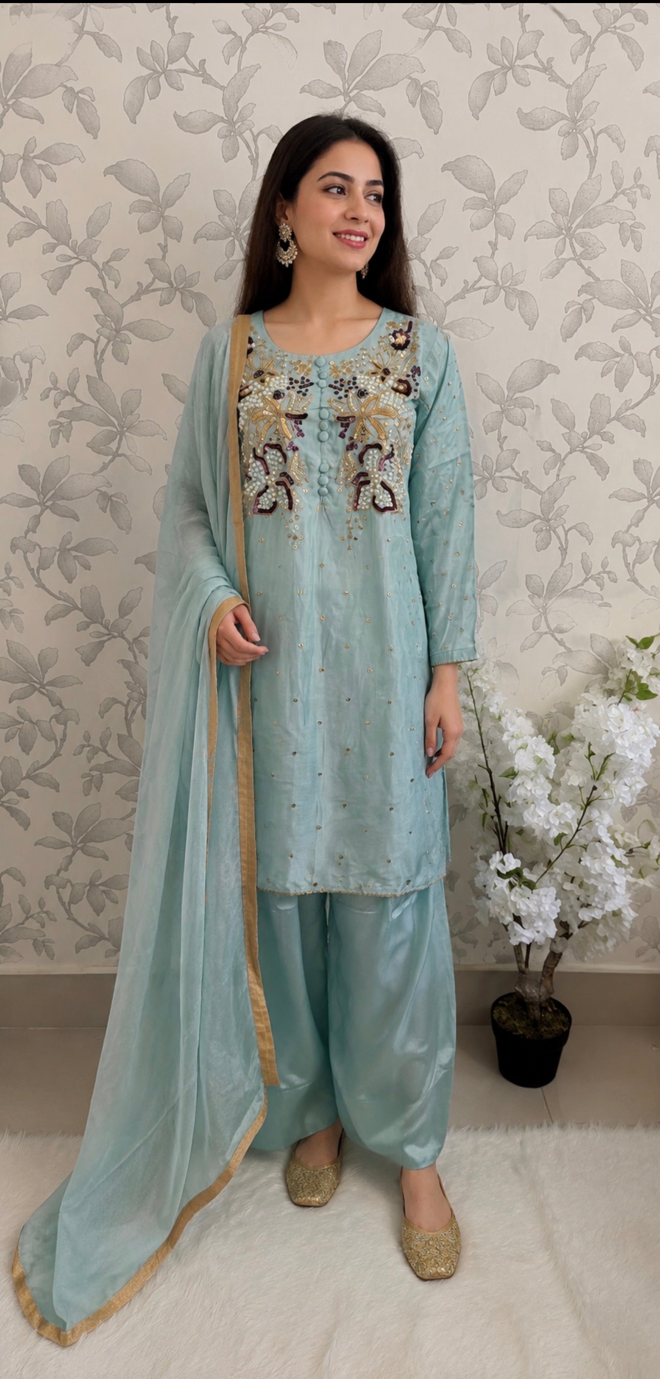 SILKY CHARM Luxury Embroidered Silk Suit with Pearl & Sequin Work