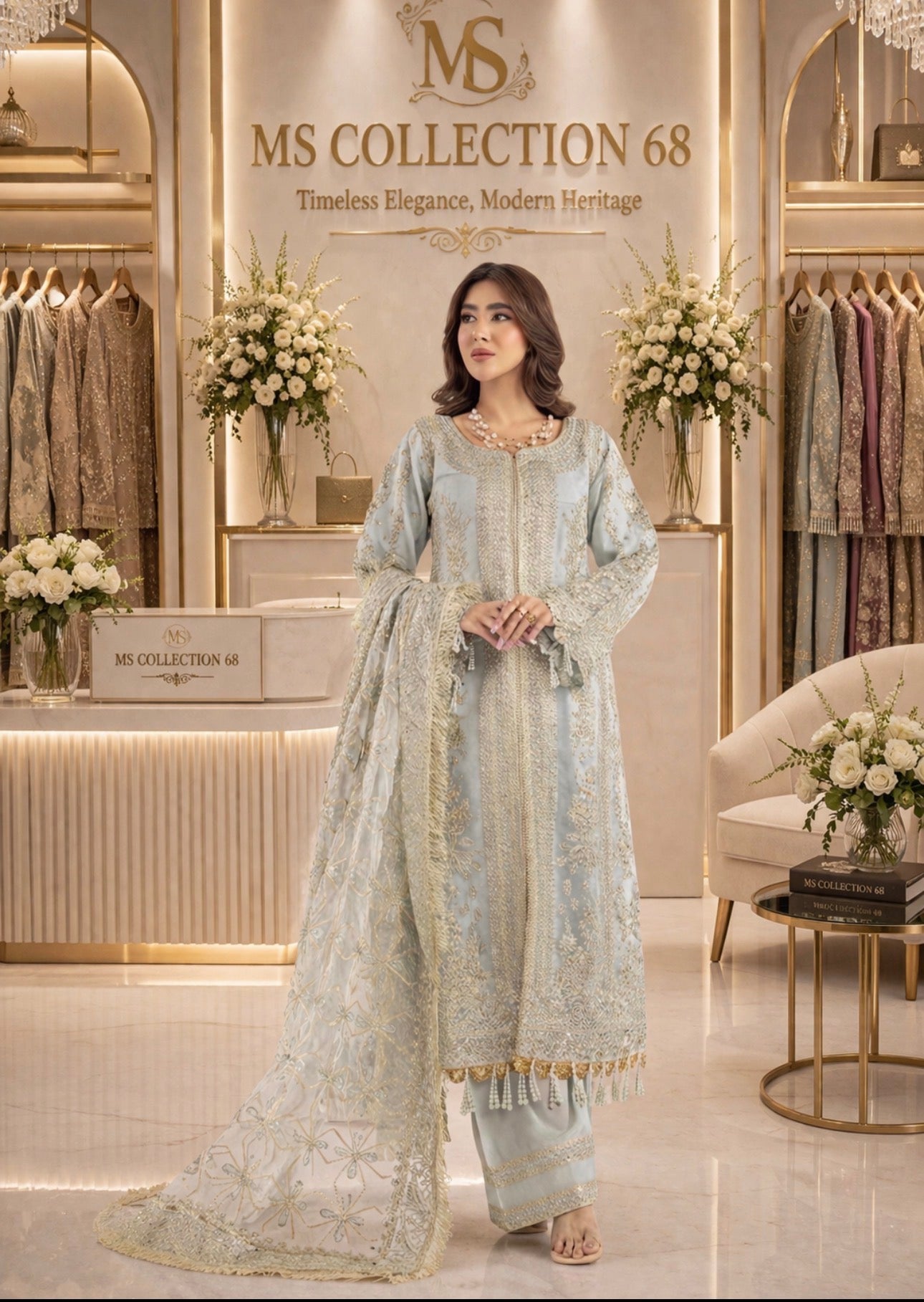 NUREH……heavy embroidered soft organza suit