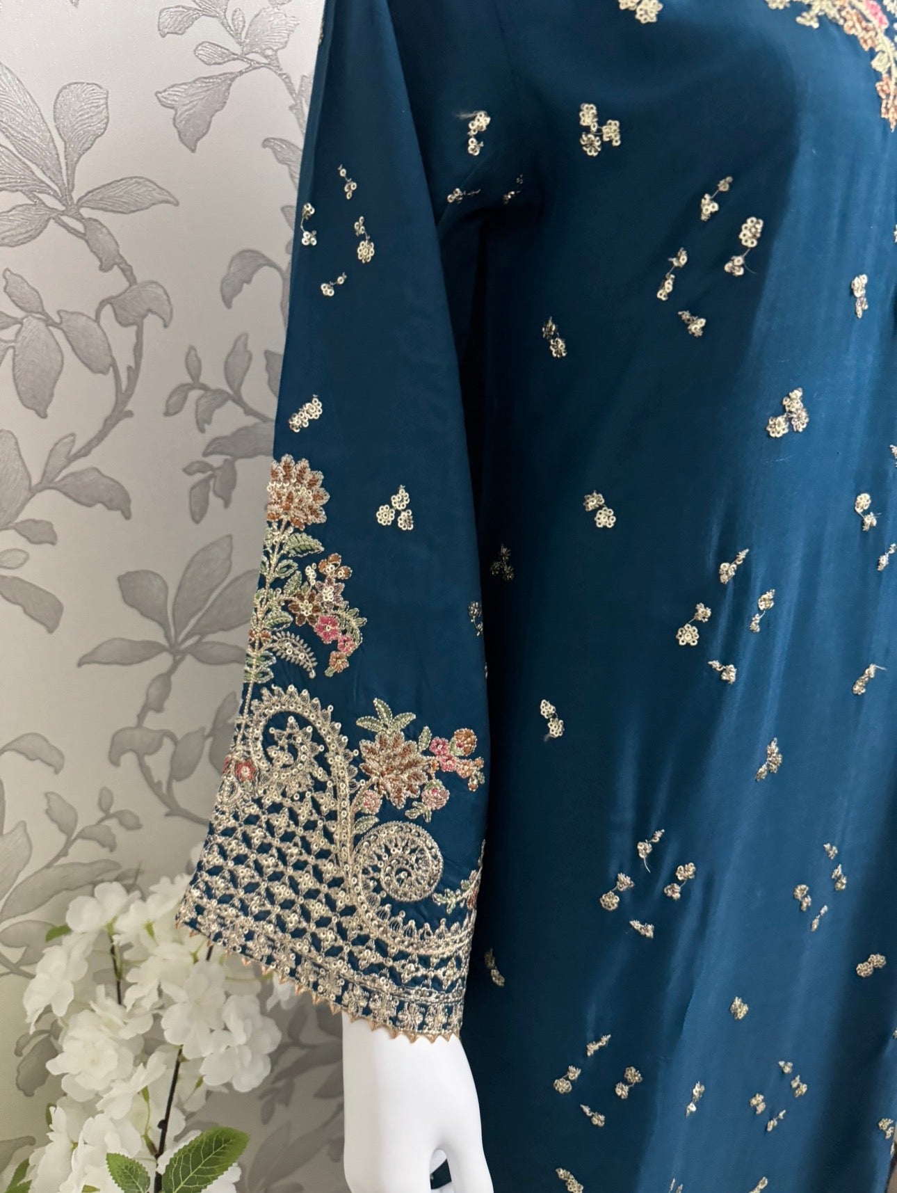 Teal Blue Embroidered Pakistani 3 Piece Suit – Luxury Eid Festive Wear