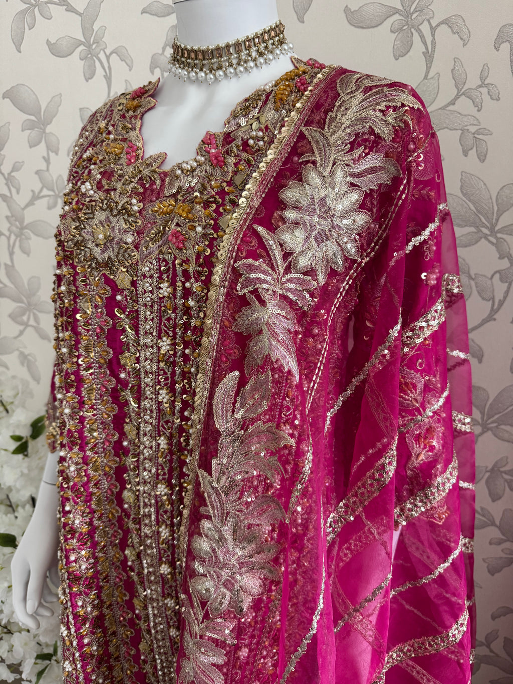 SAFINA….. Hot Pink Luxury Embroidered Pakistani Formal Suit with Organza Dupatta