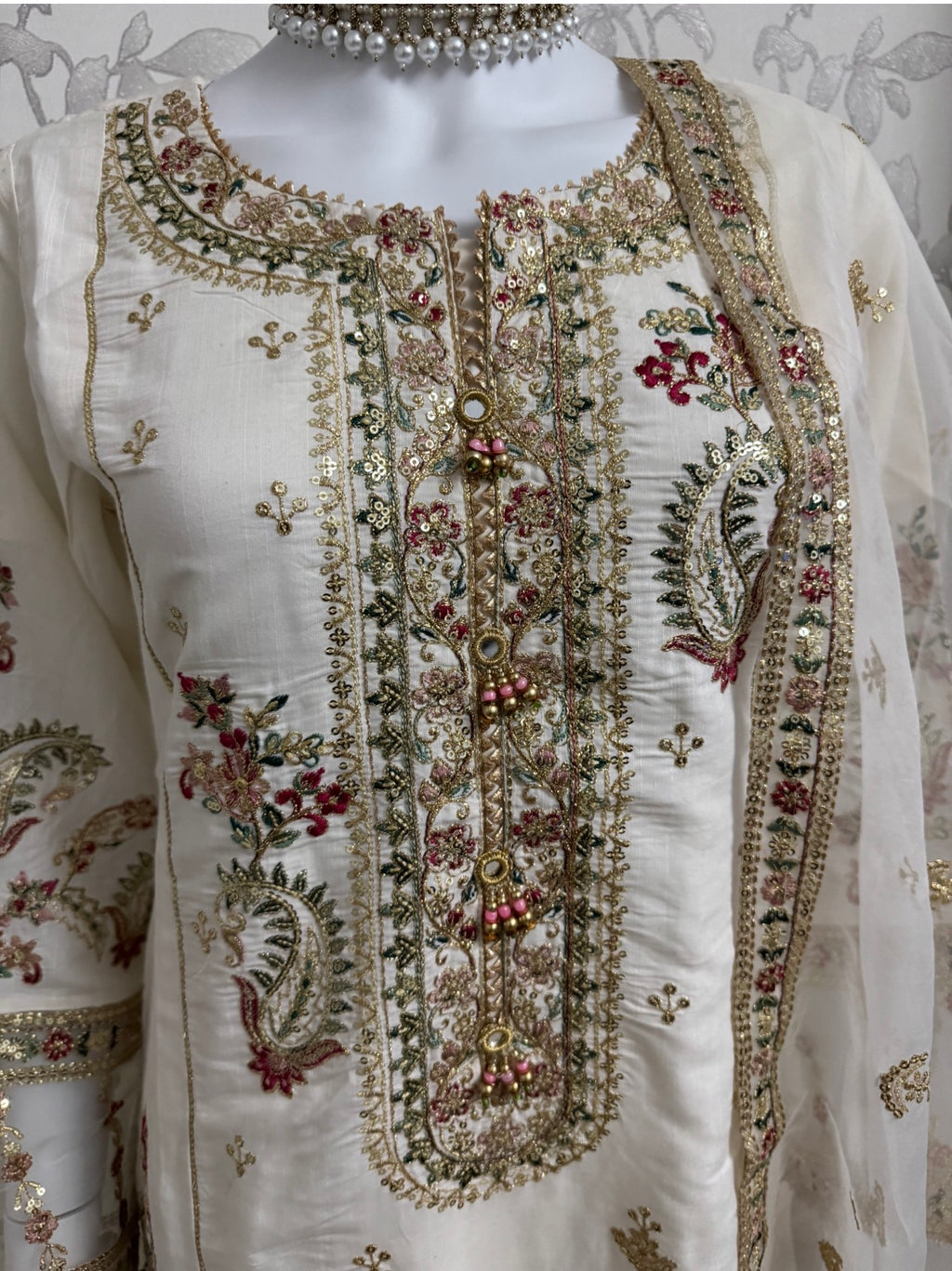Ivory Cream Embroidered Pakistani 3 Piece Suit – Luxury Eid Festive Wear