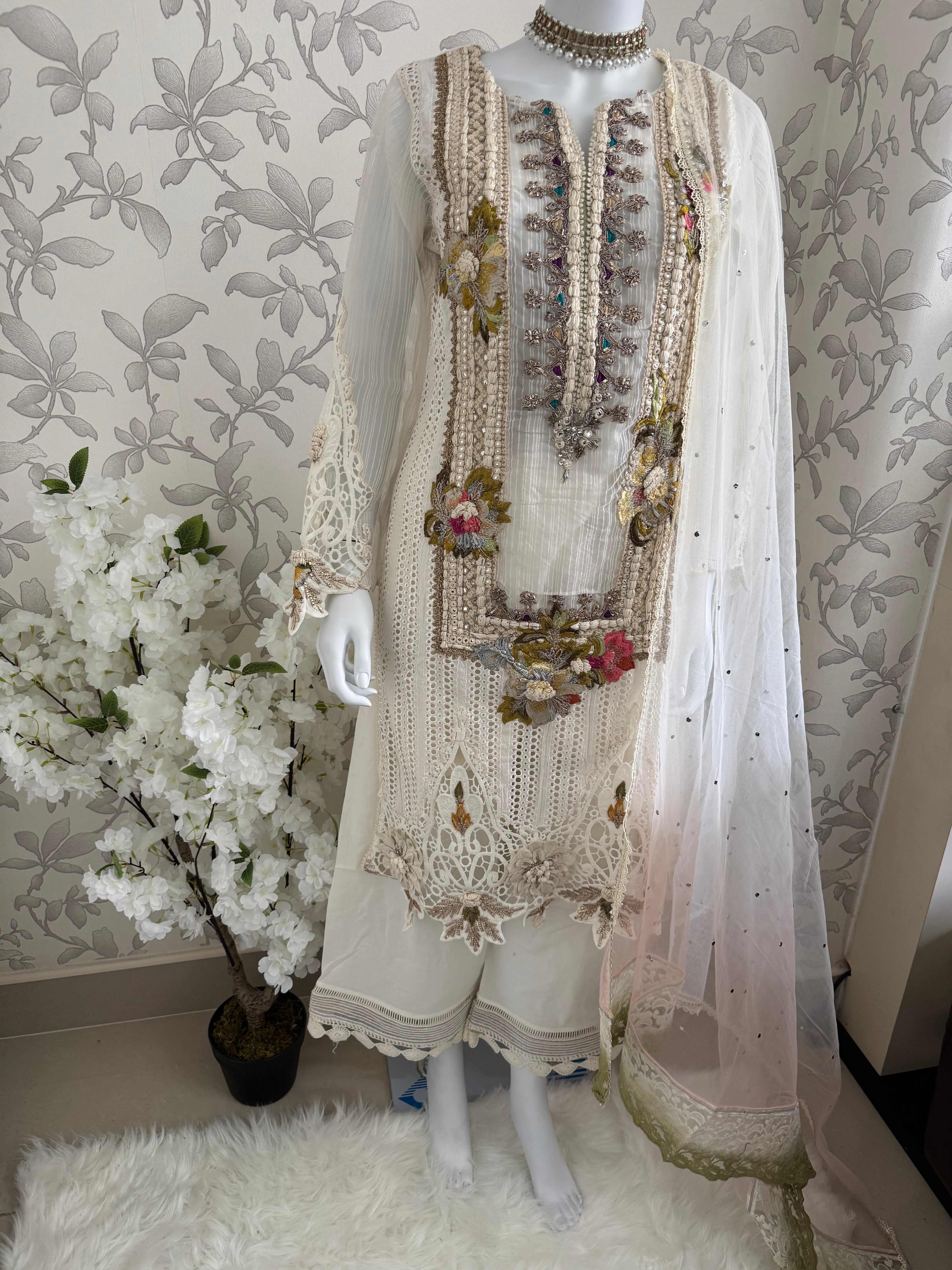 UJAALA….. Elegant White Embroidered Pakistani Suit with net Dupatta