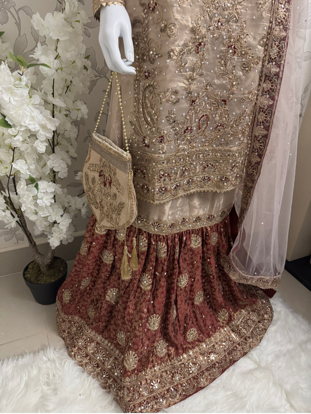 AMAIRA…. Champagne Gold & Maroon Embroidered Pakistani Gharara Suit with Net Dupatta