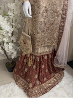 AMAIRA…. Champagne Gold & Maroon Embroidered Pakistani Gharara Suit with Net Dupatta