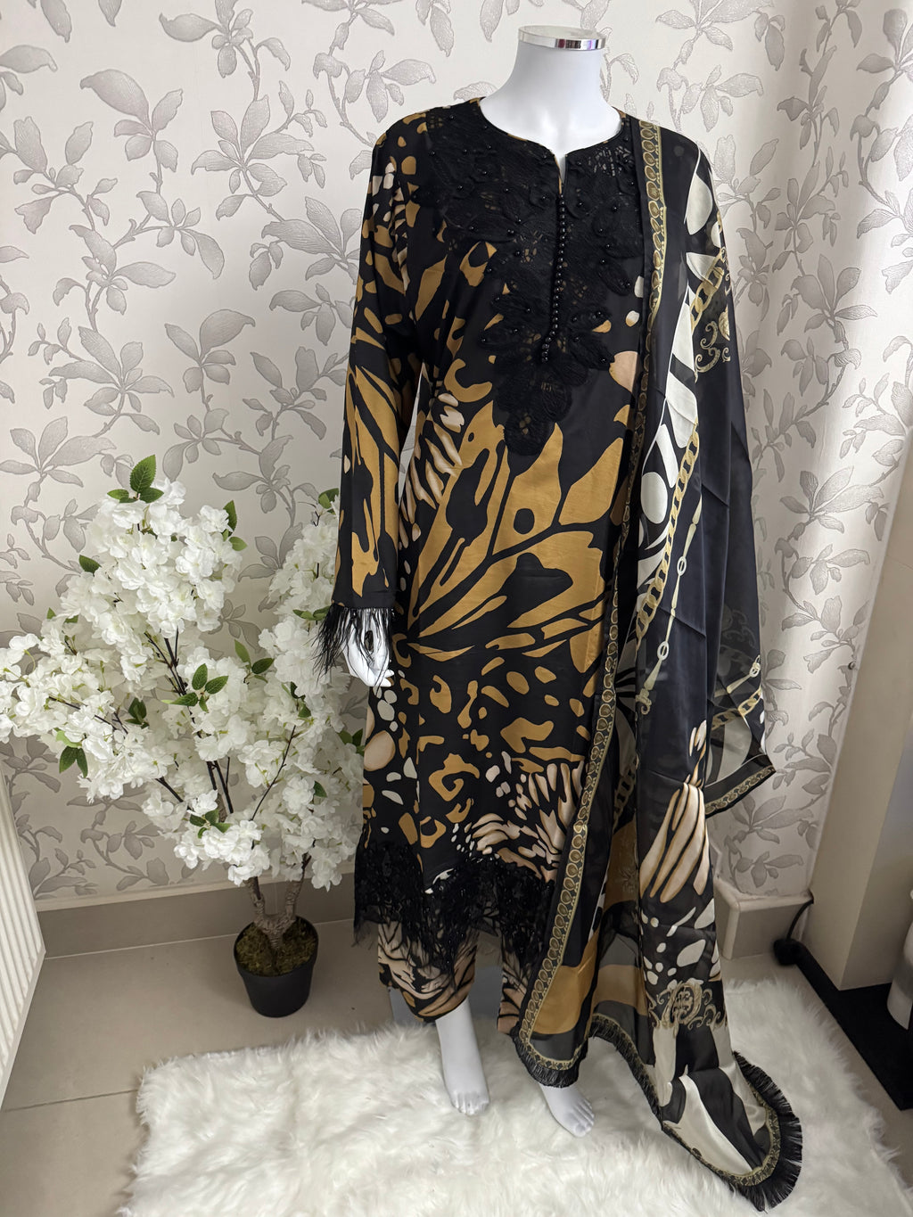 M Prints inspired Embroidered 3-Piece Suit | Pakistani Designer Dress