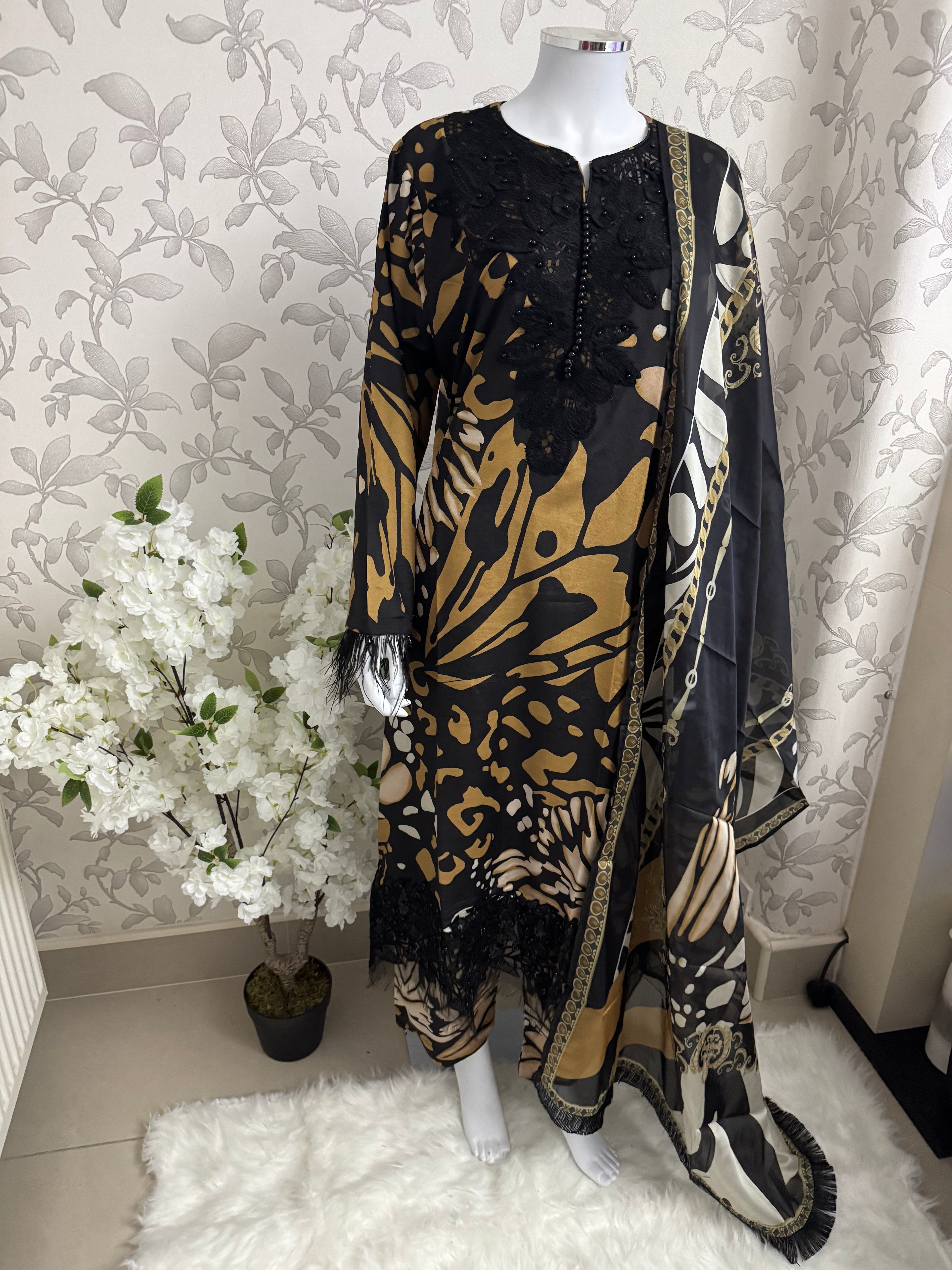 M Prints inspired Embroidered 3-Piece Suit | Pakistani Designer Dress