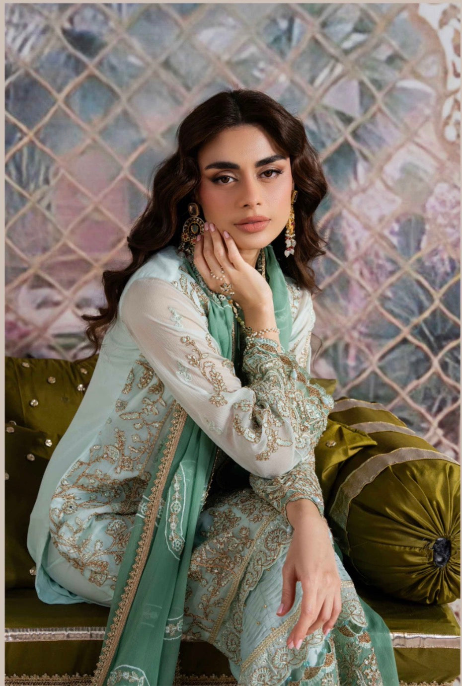 ALANI Pastel Mint Green Embroidered Pakistani Suit – Luxury 3 Piece Designer Set