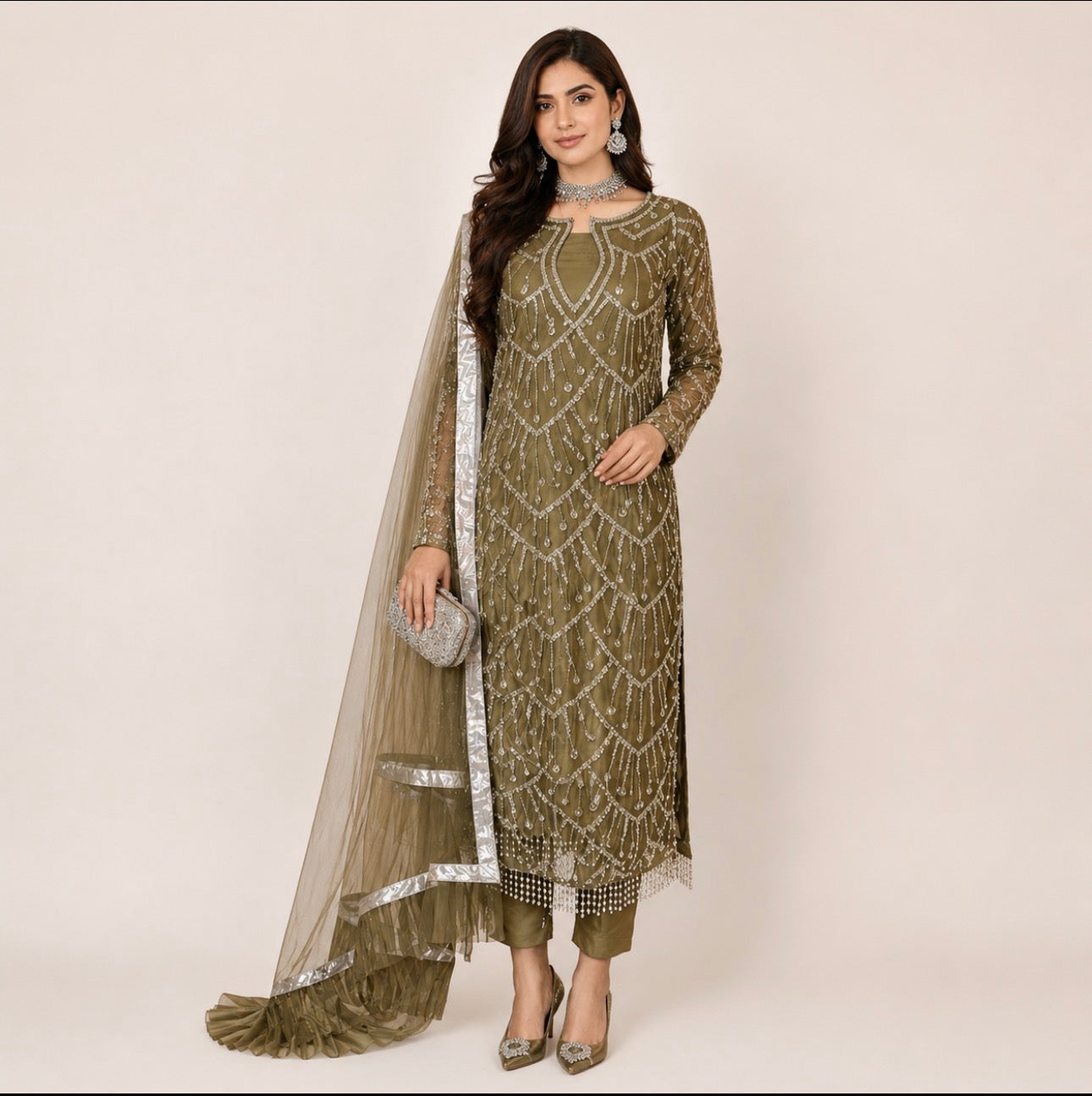 CUT DANA Luxury Silver Embellished Suit with Net Duppatta-3 Piece suit