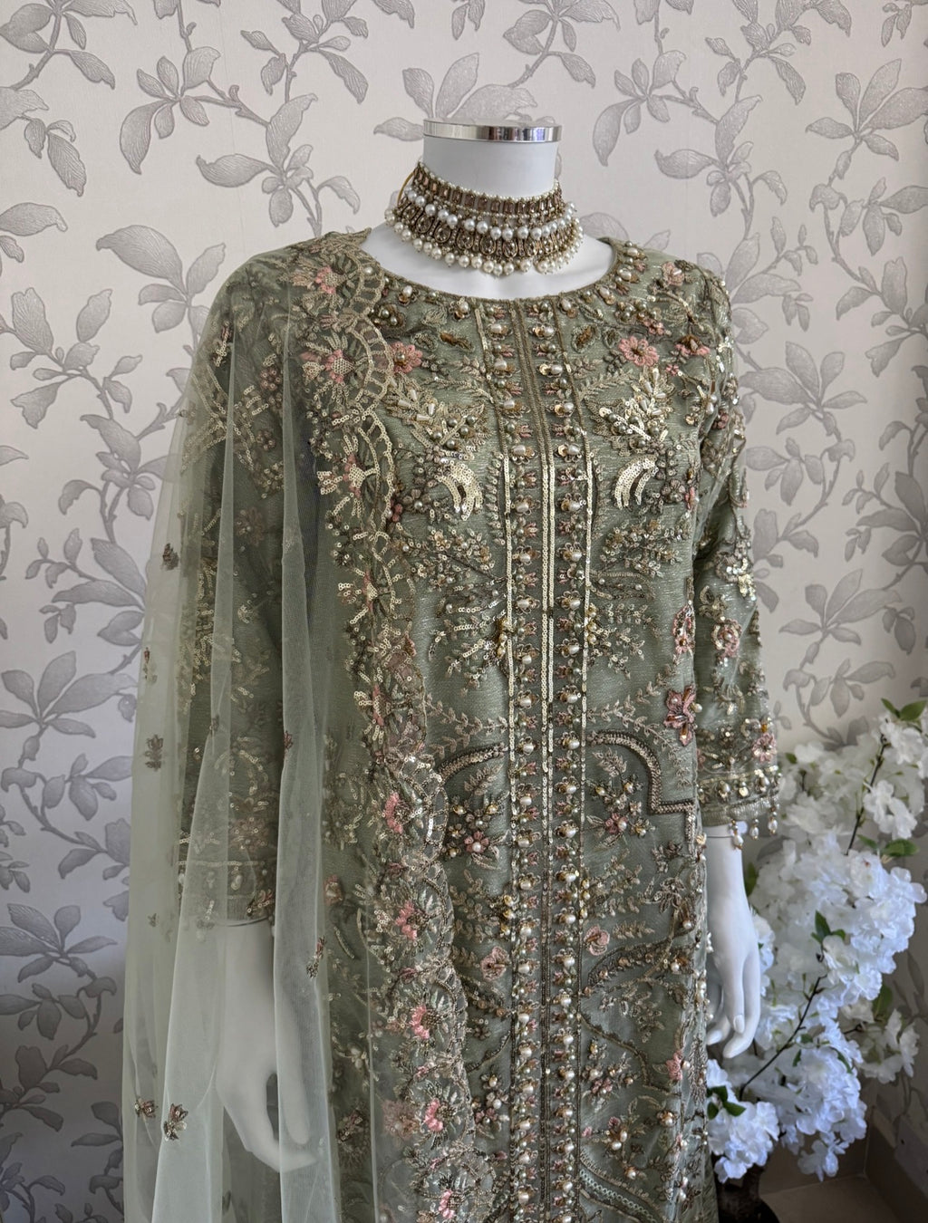 PEARLS Mint Green Luxe Hand-Embellished Pakistani 3 piece Suit