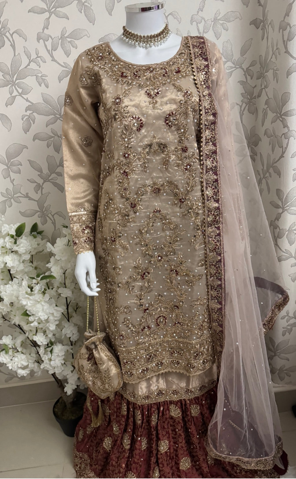 AMAIRA…. Champagne Gold & Maroon Embroidered Pakistani Gharara Suit with Net Dupatta