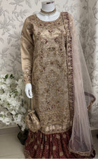 AMAIRA…. Champagne Gold & Maroon Embroidered Pakistani Gharara Suit with Net Dupatta
