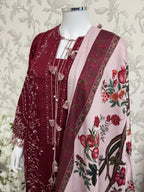 HUSN-E-EID Maroon Embroidered Pakistani 3 piece suit