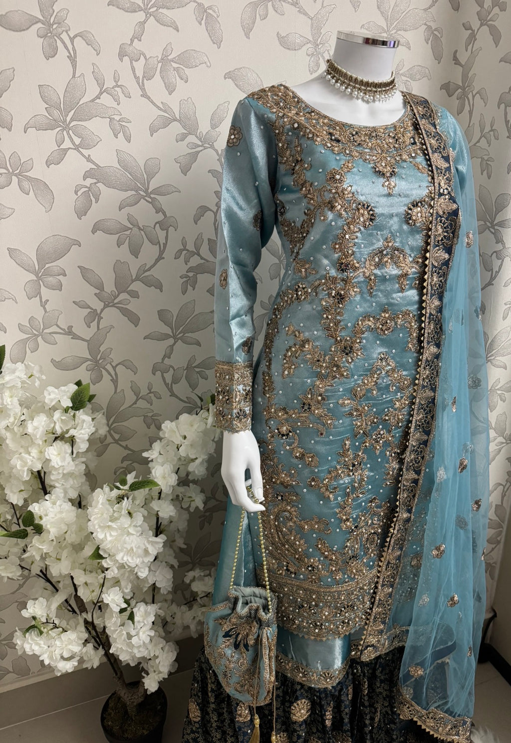 AMAIRA…. Champagne Gold & Maroon Embroidered Pakistani Gharara Suit with Net Dupatta