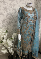 AMAIRA…. Champagne Gold & Maroon Embroidered Pakistani Gharara Suit with Net Dupatta