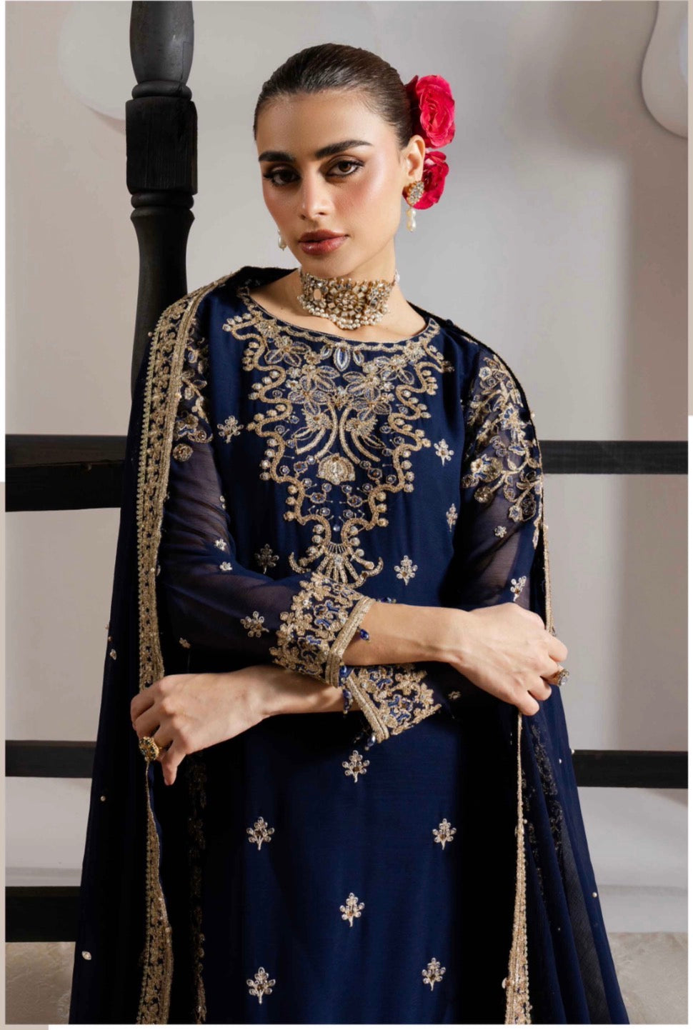 ALANI Navy Blue Luxury Embroidered Gharara Suit | Pakistani Wedding & Party Wear