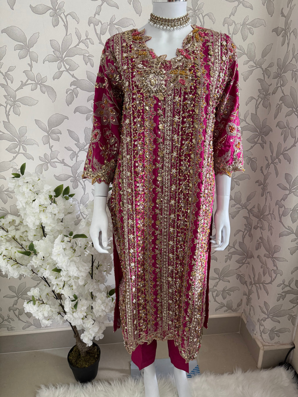 SAFINA….. Hot Pink Luxury Embroidered Pakistani Formal Suit with Organza Dupatta