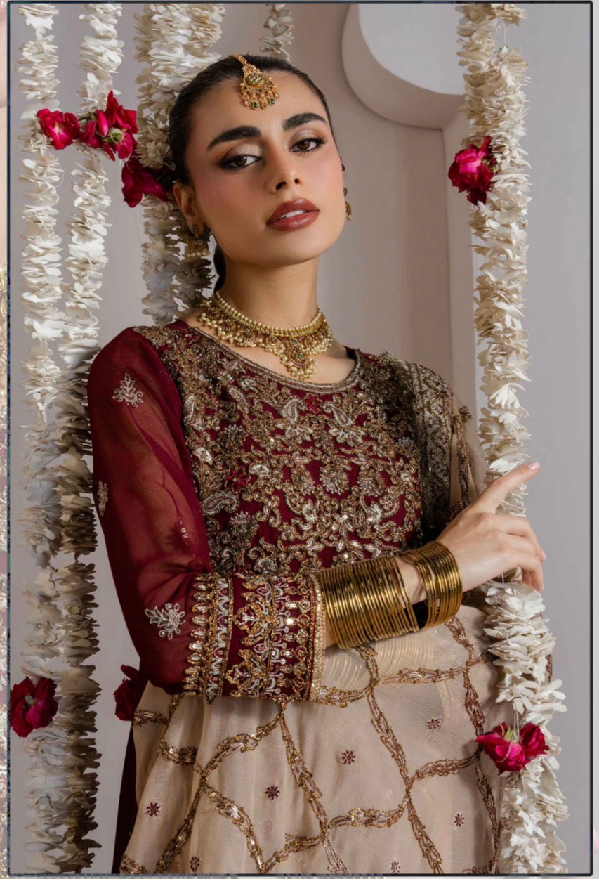 ALANI Royal Maroon Maxi Dress | Heavy Gold Embroidered Pakistani Formal Wear