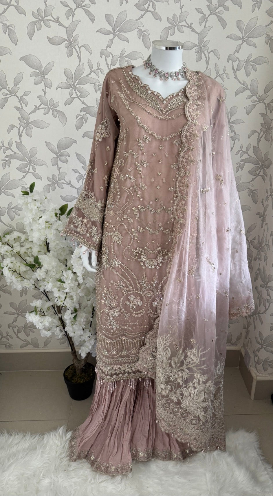 SERENE Blush Pink Embroidered Sharara Suit | Pakistani Designer Wedding Dress