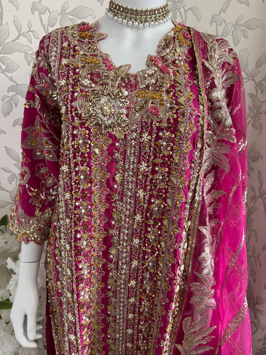SAFINA….. Hot Pink Luxury Embroidered Pakistani Formal Suit with Organza Dupatta
