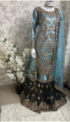 AMAIRA…. Champagne Gold & Maroon Embroidered Pakistani Gharara Suit with Net Dupatta