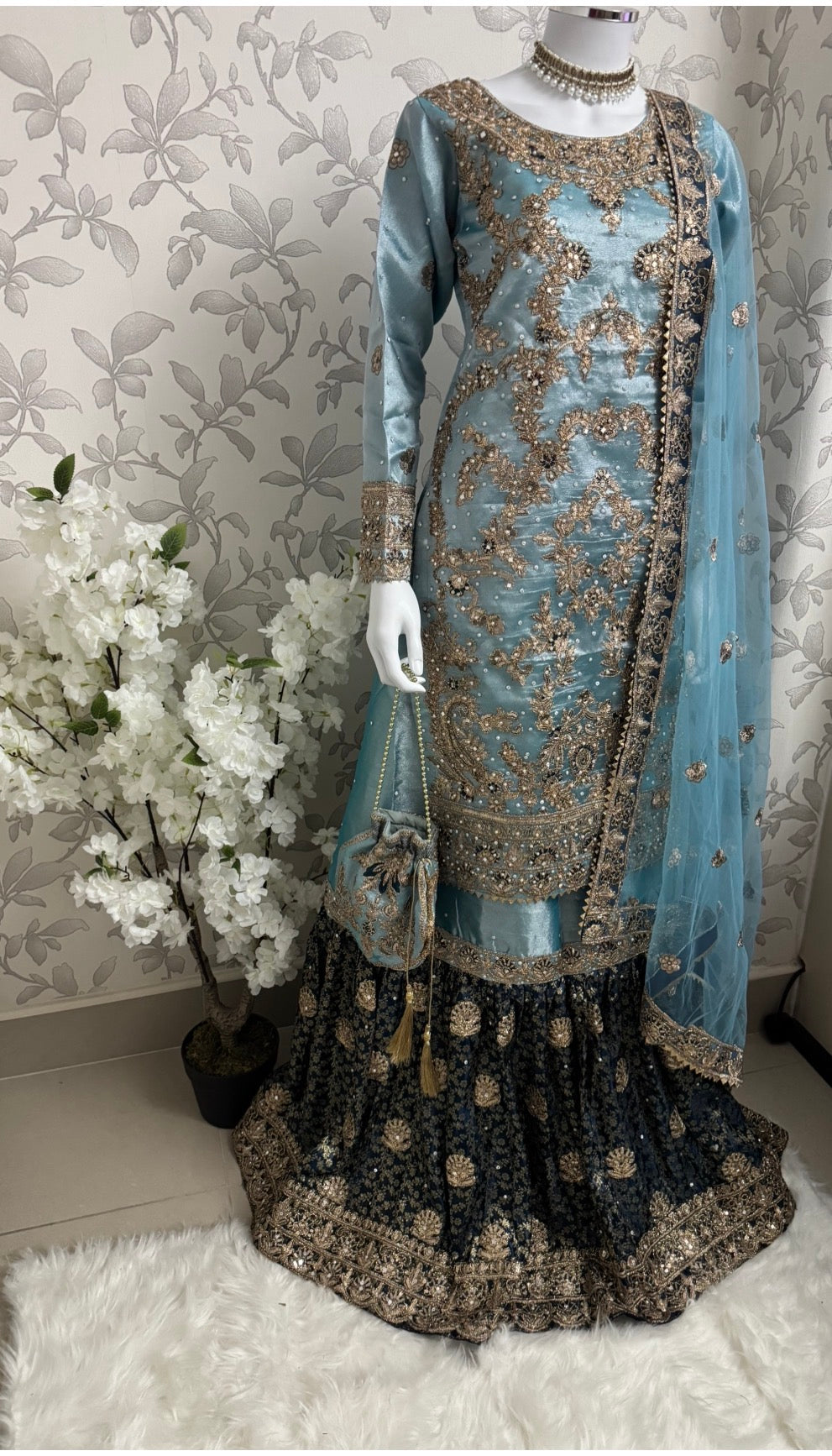 AMAIRA…. Champagne Gold & Maroon Embroidered Pakistani Gharara Suit with Net Dupatta