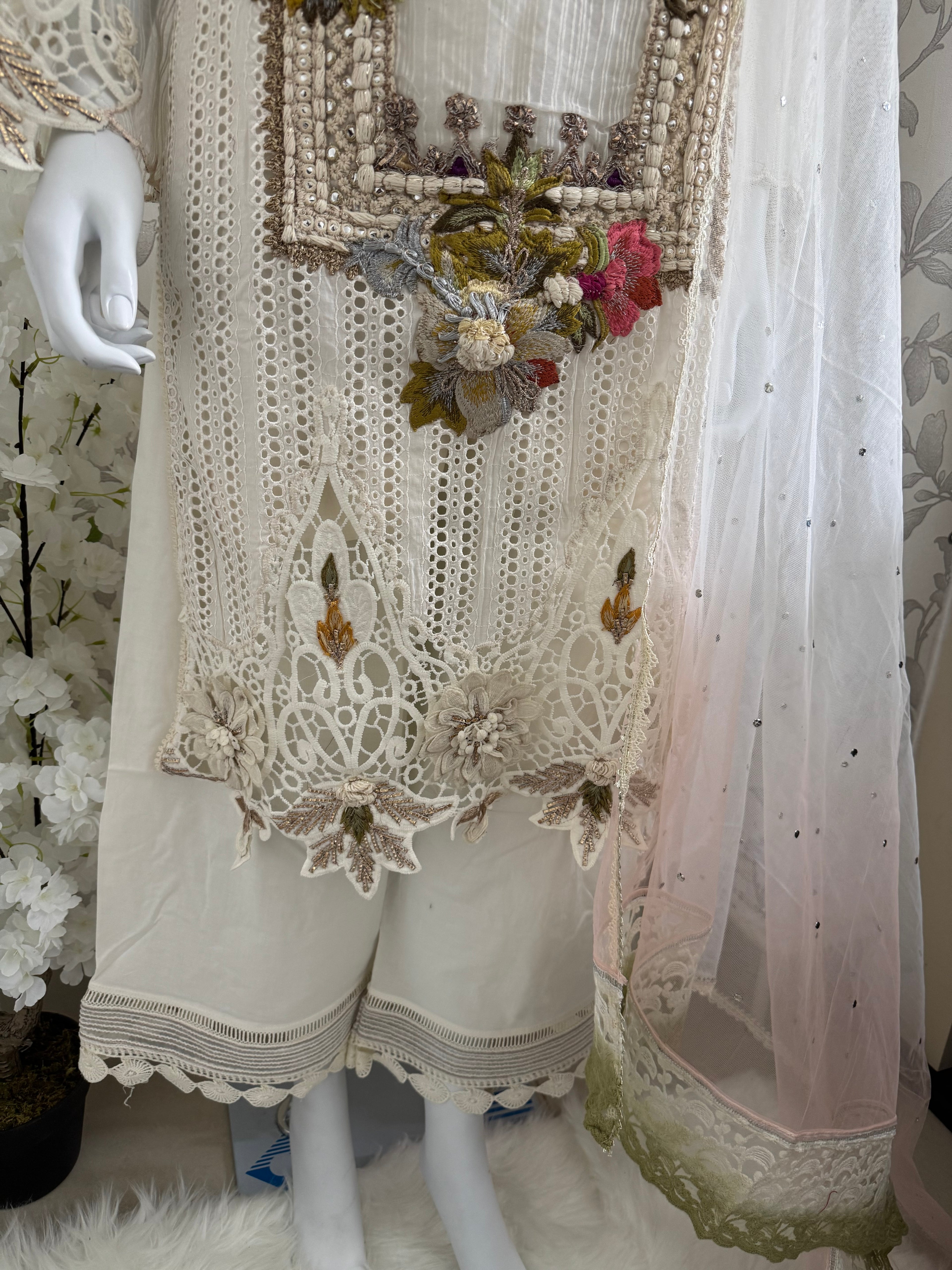 UJAALA….. Elegant White Embroidered Pakistani Suit with net Dupatta