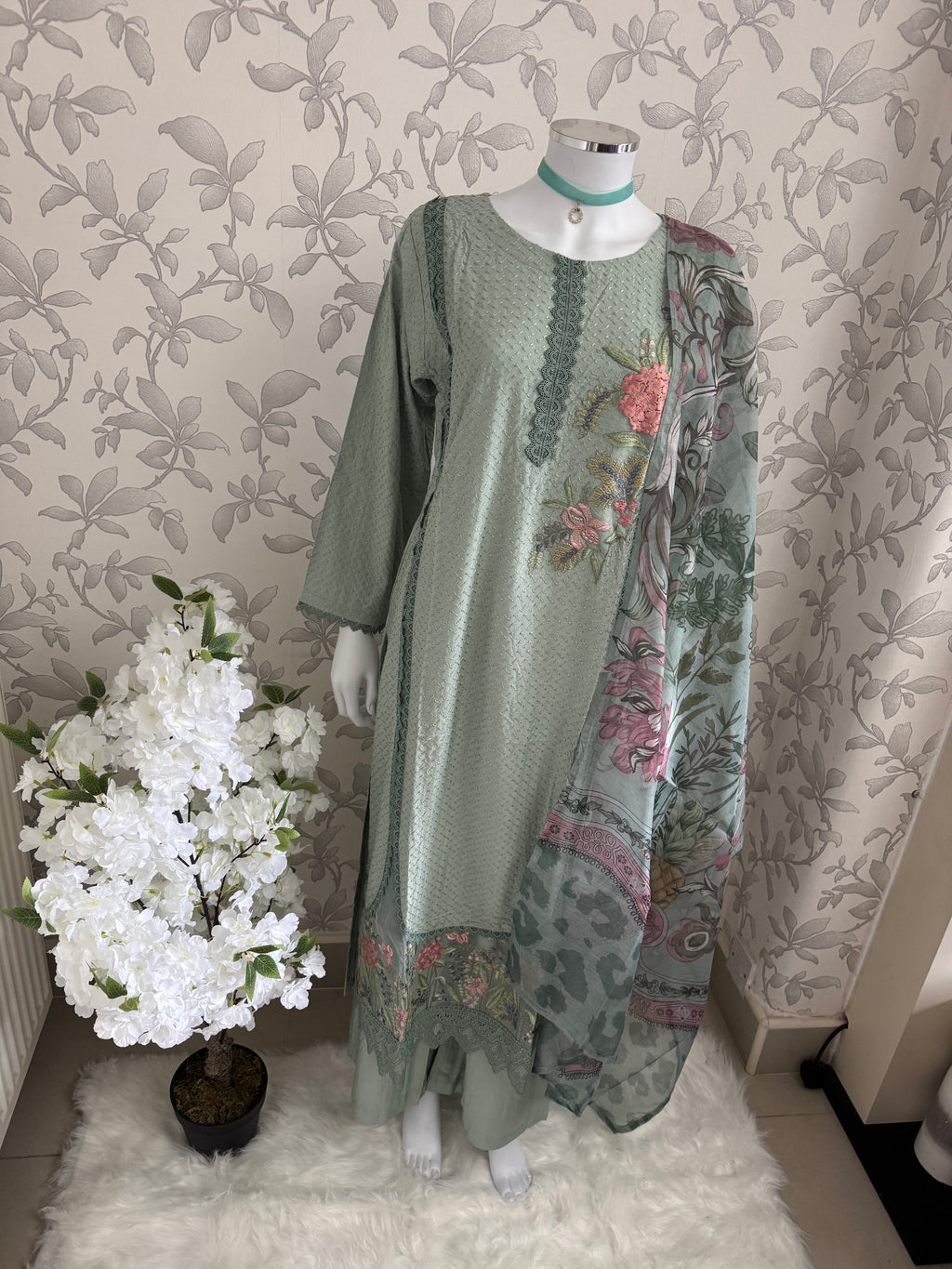 M Prints inspired Embroidered 3-Piece Suit | Pakistani Designer Dress